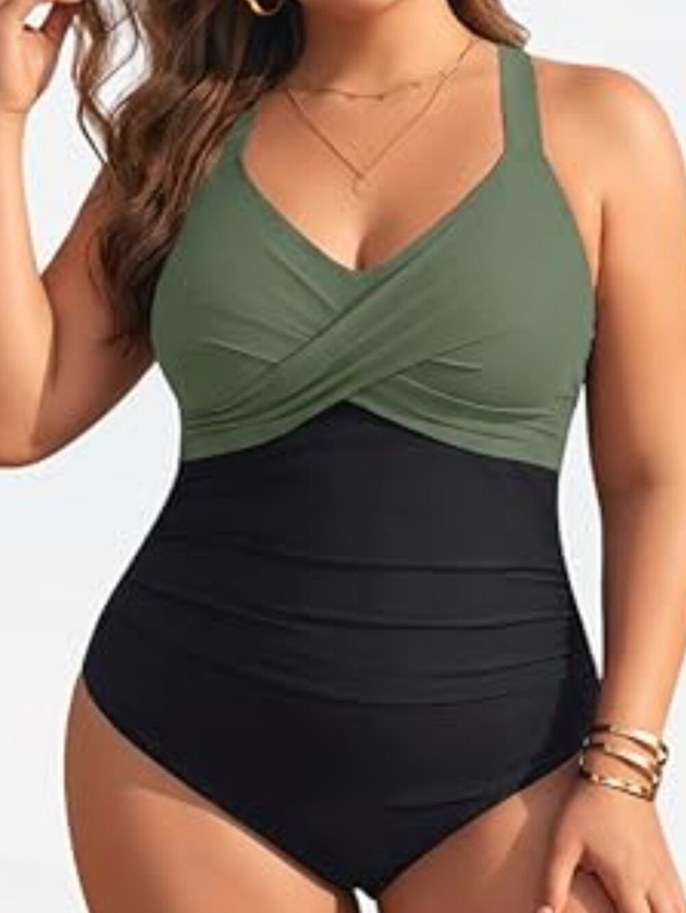 NWT Holipick Colorblock Olive and Black Tummy Control Twist Front Swimsuit